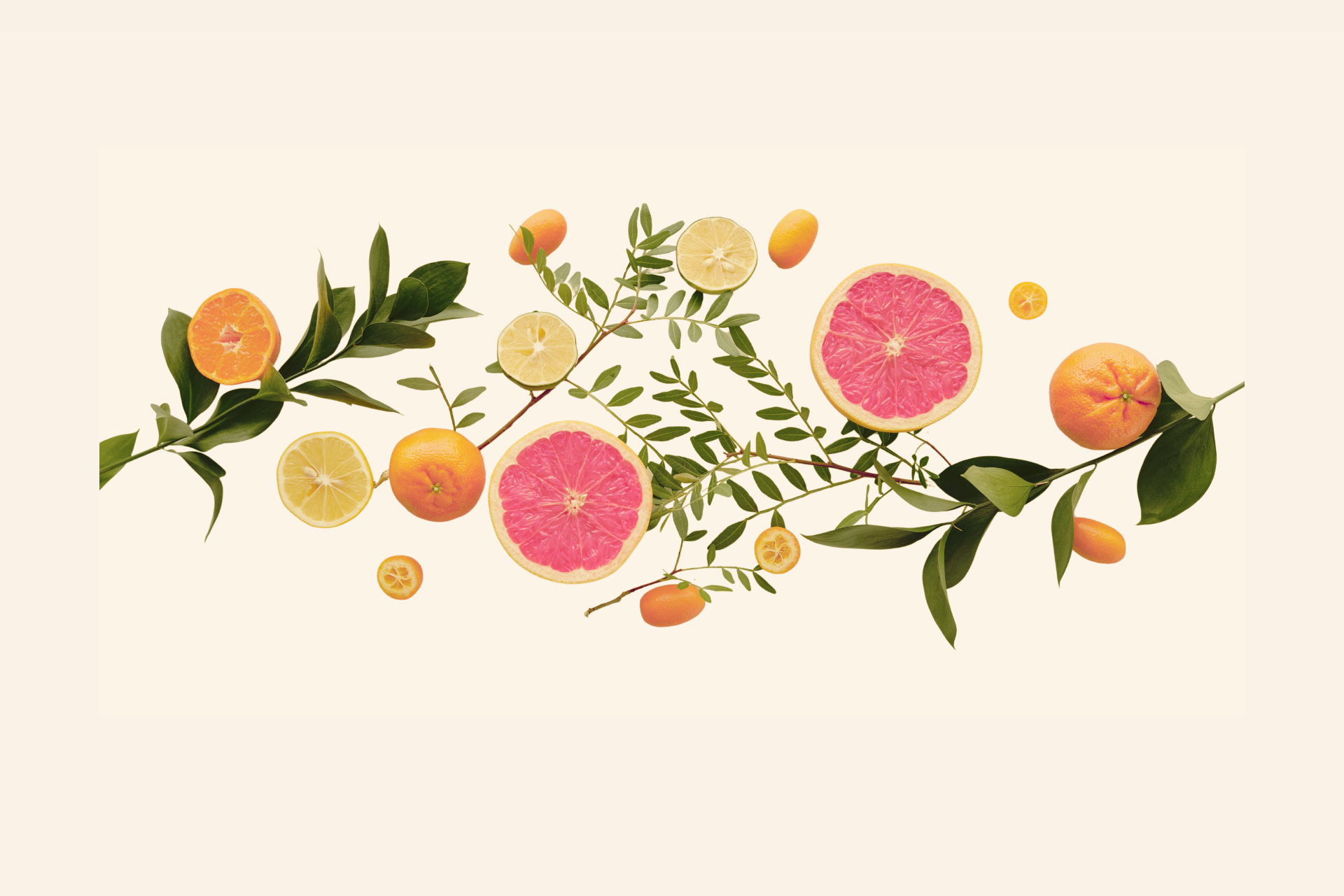 An editorial arrangement of citrus fruit, kumquats, and fresh green leaves on warm cream