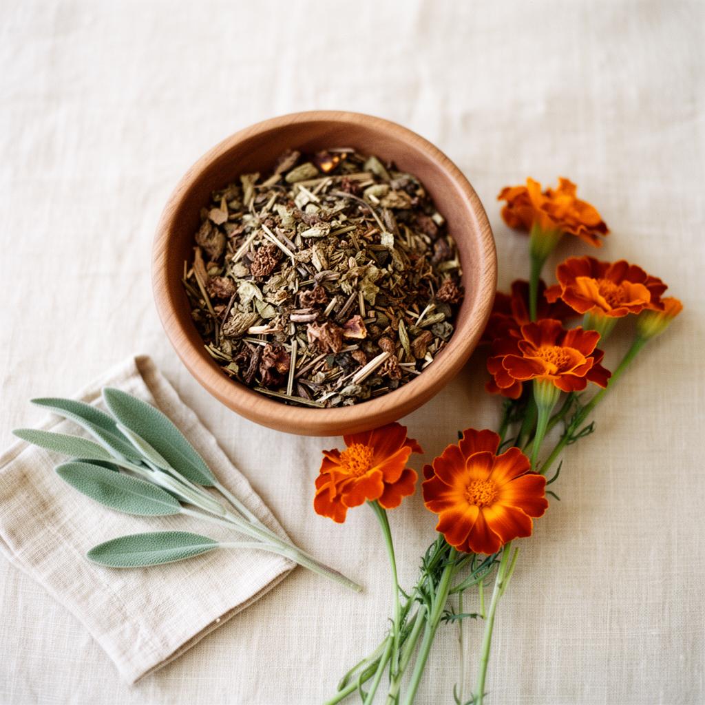 A wooden bowl of dried Chinese herbs alongside burnt-orange marigold flowers and sage leaves on warm cream linen